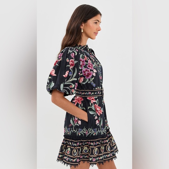 FARM Rio Black Floral Puff-Sleeve Mini Dress with Pink Blooms - Picture 2 of 4